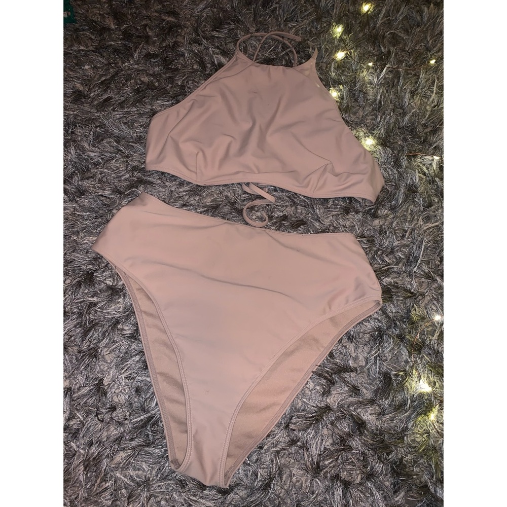 Nude two piece cropped halter neck bikini top